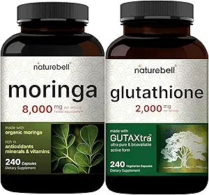 NatureBell Moringa Oleifera 8000mg Per Servis & Glutathione Supplement 2,000 mg Per Mail Paket | Organik Moringa Leaf Toz | Master Antioksit