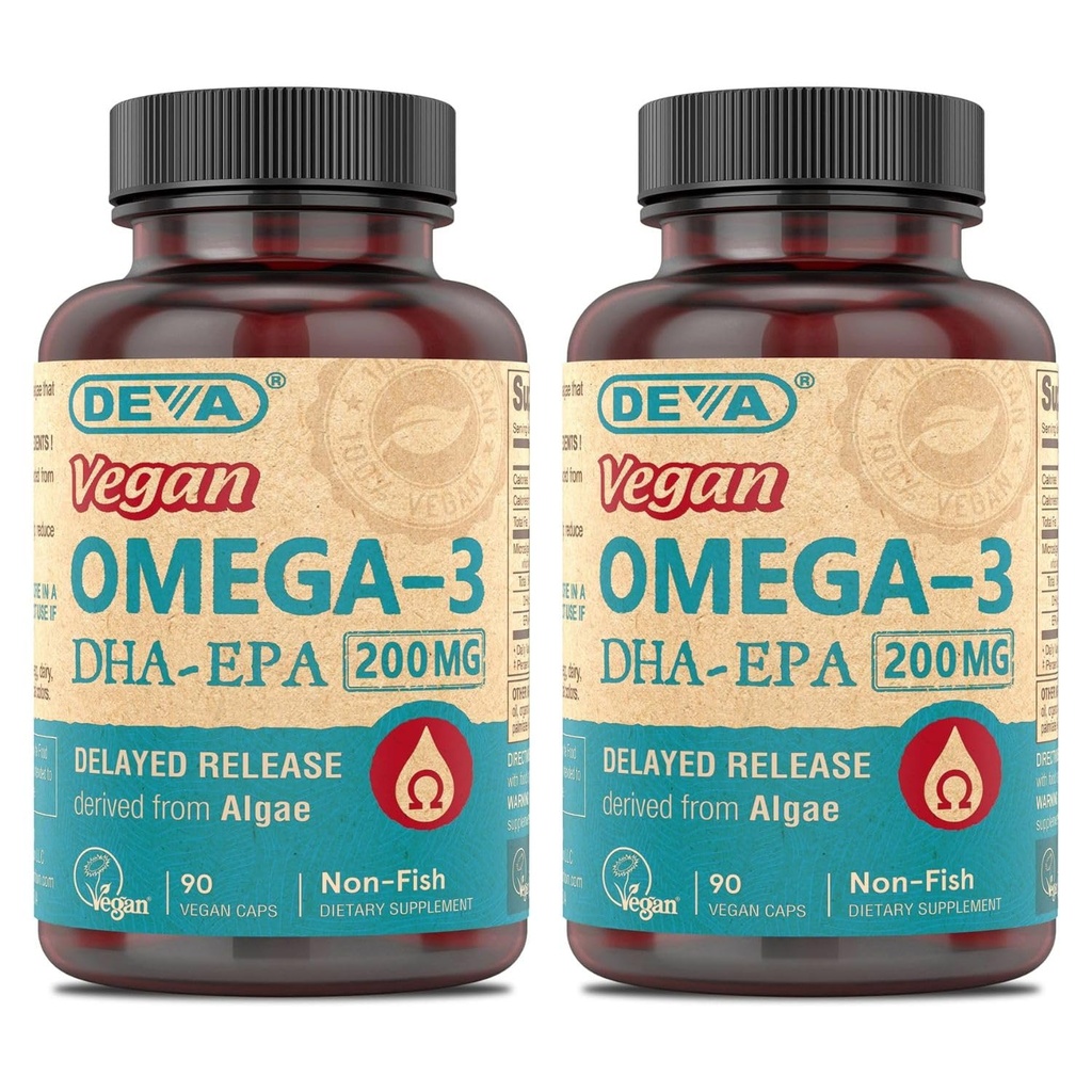 DEVA Vegan Omega-3 DHA-EPA, από το Micro Algae, Καθυστερημένη απελευθέρωση, 90 Vegan Κάψουλες (πακέτο του 2)