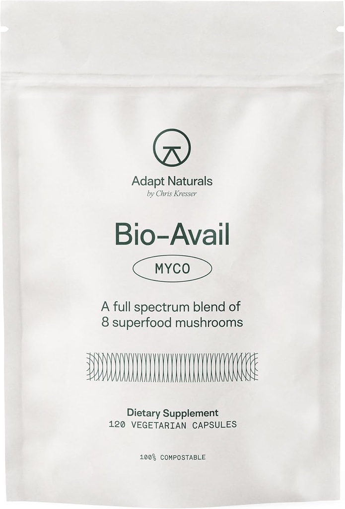 Adapt Naturals Bio-Avail Myco - 8-in-1 Bio available Mushroom Supplement Mushroom Kompleksi - Chaga, Cordyceps, Reishi, Lions Mane - Blood Pressure, Memory, Immune - 120 Capsules