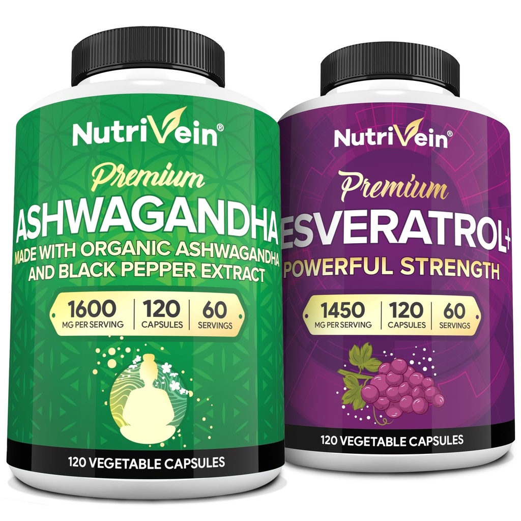 Nutrivein Premium Ashwagandha Capsules & Resveratrol Supplement Sche: High-Abase Resveratrol Capsules and Ashwagandha Supplements for Balance, & Tamir