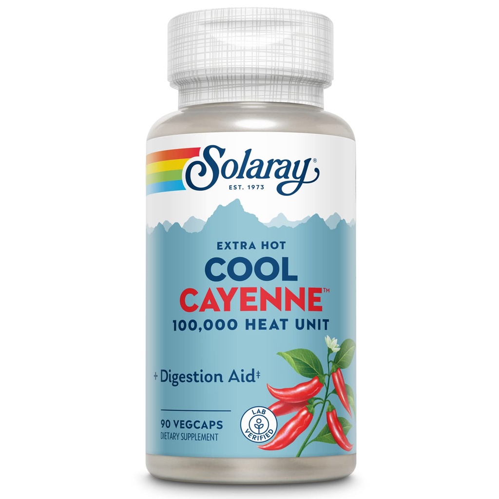 SOLARAY Ekstra Sıcak Cool Cayenne 100.000 HU - Geleneksel Folk Remedy ve Digestion Aid - Bio-Cool Process - Lab Doğrulanmış, Tesis GMP, 60 Gün Garantisi - 45 Hizmet, 90 VegCaps
