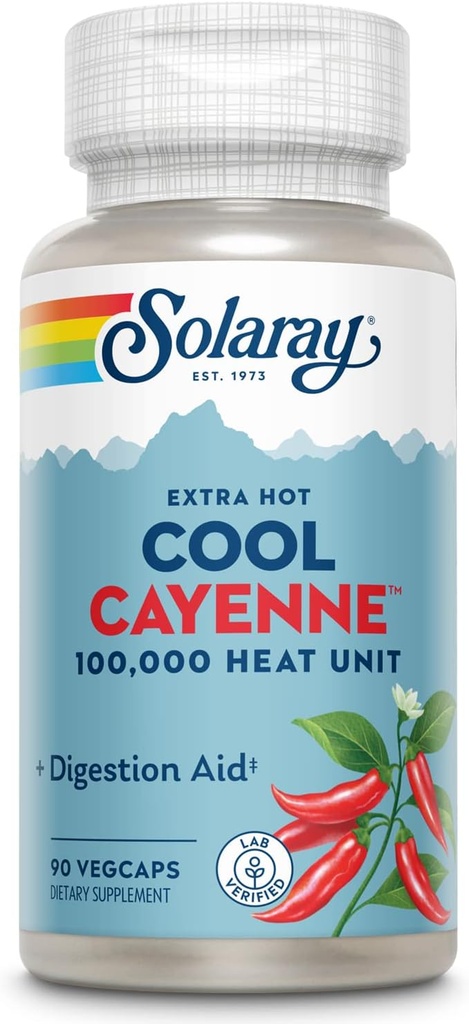 SOLARAY Extra Hot Cool Cayenne 100.000 HU - Παραδοσιακή Λαϊκή Βοήθεια Αναπνευστικής και Διέγερσης - Bio-Cool Process - Lab Επαληθευμένο, GMP Facility, 60-Day Εγγύηση - 45 εξυπηρετήσεις, 90 VegCaps