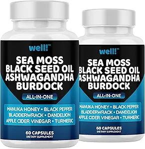 Sea Moss 3000, Black Seed Oil 2000, Ashwagandha 1000, Bladderwrack, Maca, Turmeric - Manuka Honey, Dandelion & Black Pepper, Super Antioksis Supplement -120