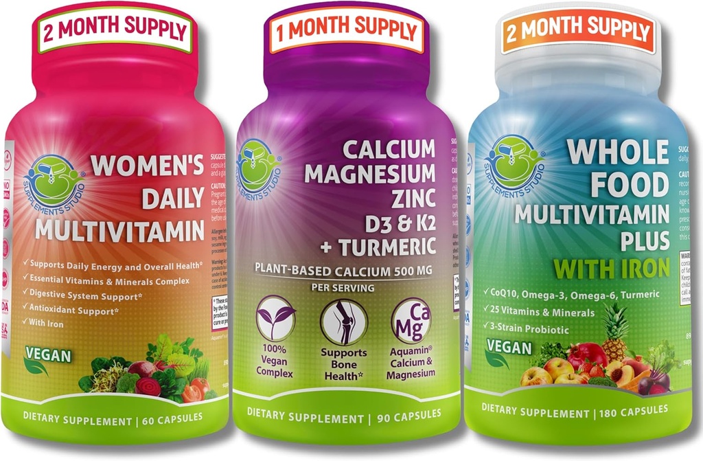 Vegan Multivitamins & Ασβέστιο Trio–Ολόκληρα τρόφιμα Πολυβιταμίνη με σίδηρο + Γυναικεία καθημερινή πολυβιταμίνη με σίδηρο + Φυτοβασισμένο ασβέστιο, μαγνήσιο, ψευδάργυρο, D3, K2 & Turmeric – Ενέργεια, οστά & ανοσοποιητική υποστήριξη