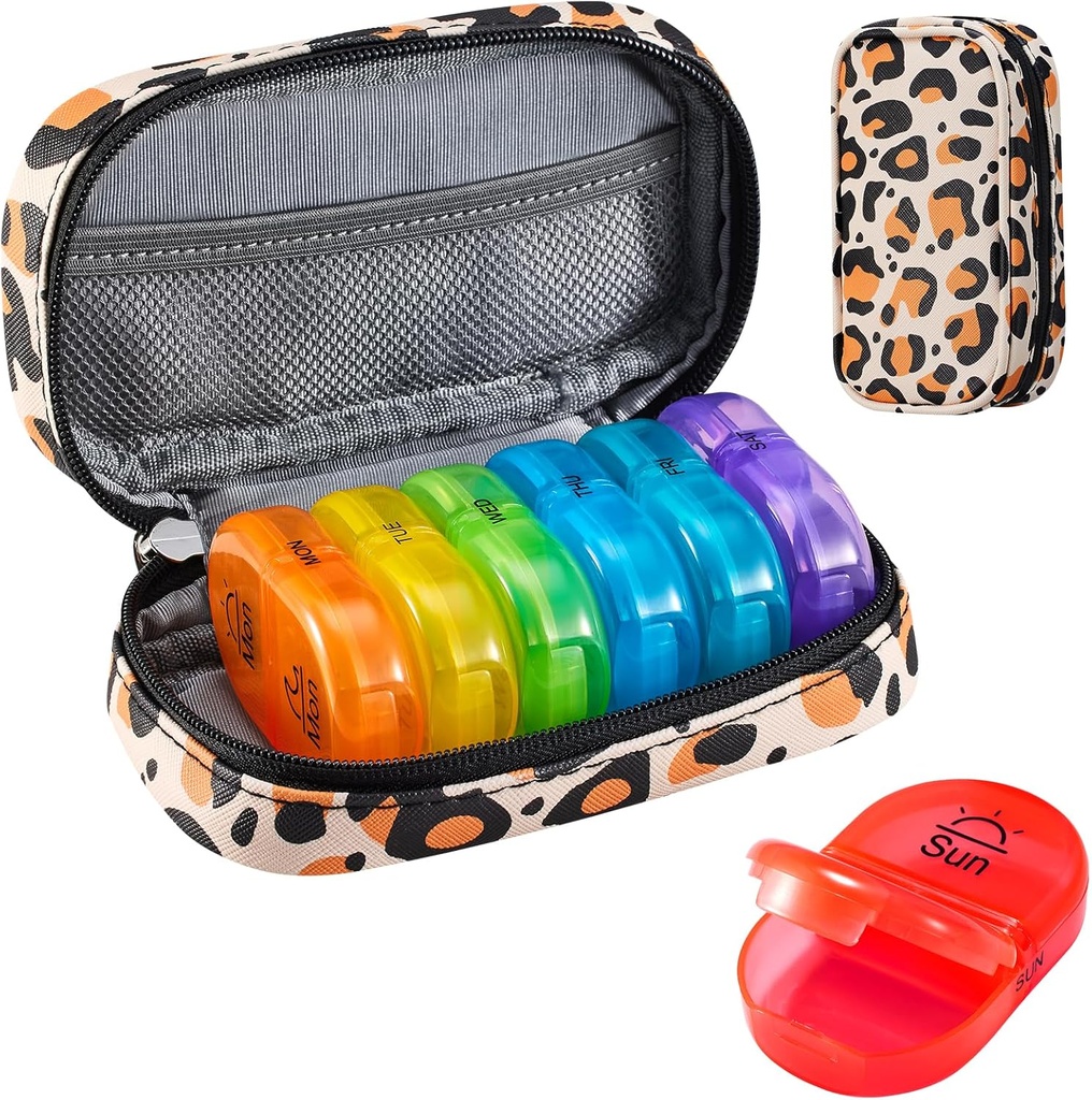 Serfeymi Haftalık Seyahat Pill Organizer 2 Times A Day AM PM Yükseltd Rainbow Pill Box 7 Day with Portatif Ambalaj Deri Pill Case, Medicine Organizer for Pills, Vitamins, Fish Oils - Brown 02