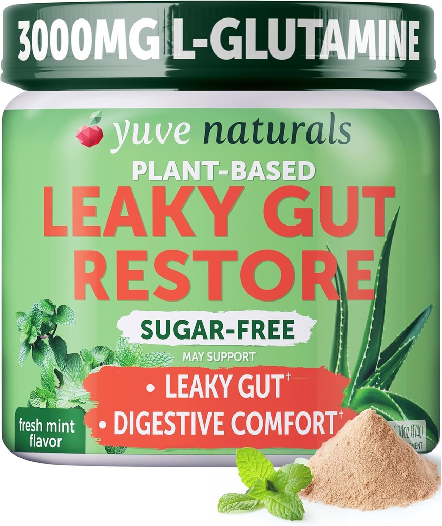 Yuve Gut Health Restore, Vegan & Non-GMO Leaky Gut Tamir Supplements, Helps to Relief Bloating, Heartburn, Constipation, Gas & SIBO, L-Glutamine, Licorice, & Aloe, Farm Grade, 30 Servs