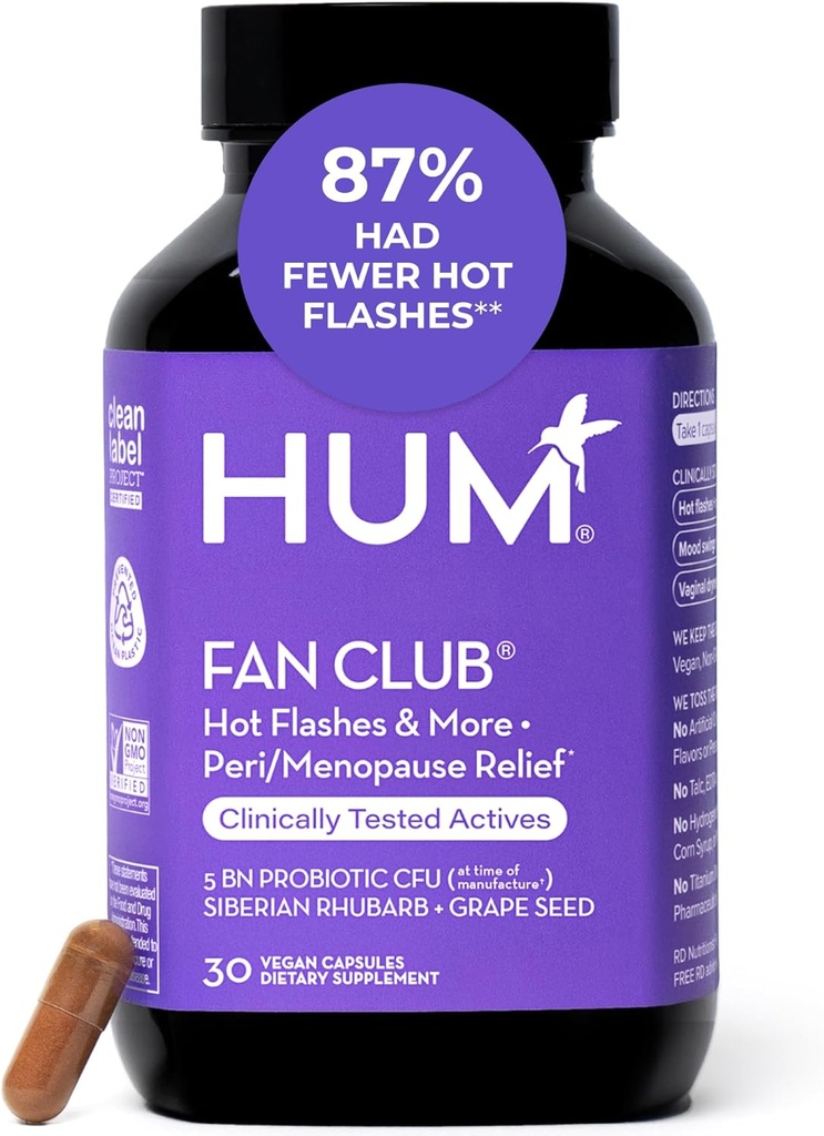HUM Fan Club Εμμηνόπαυση Προβιοτικό συμπλήρωμα, Συμπληρώματα ελεύθερης εμμηνόπαυσης οιστρογόνων για γυναίκες, μη ορμονικές, υποστηρίζει την ενέργεια & καυτές αναλαμπές, εκχύλισμα σπόρων σταφυλιών & Rβέντα Σιβηρίας, 30 κάψουλες Vegan
