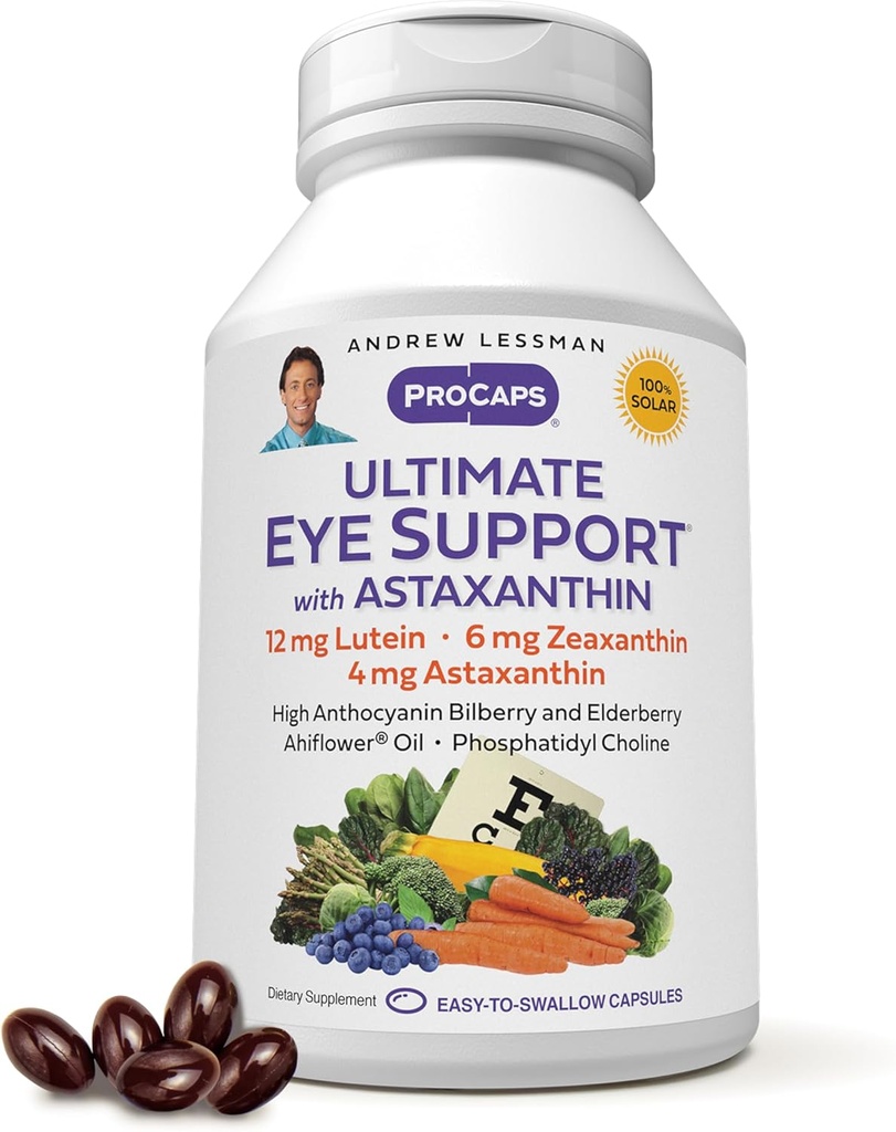 ANDREW LESSMAN Ultimate Eye Support with Astaxanthin 180 Softgels - 12 mg Lutein, 6 mg Zeaxanthin, 4 mg Astaxanthin, Bilberry. Göz Sağlığını Desteklemek için Key Nutrients, Sağlıklı Vizyonu Teşvik Etmek. Katkı yok
