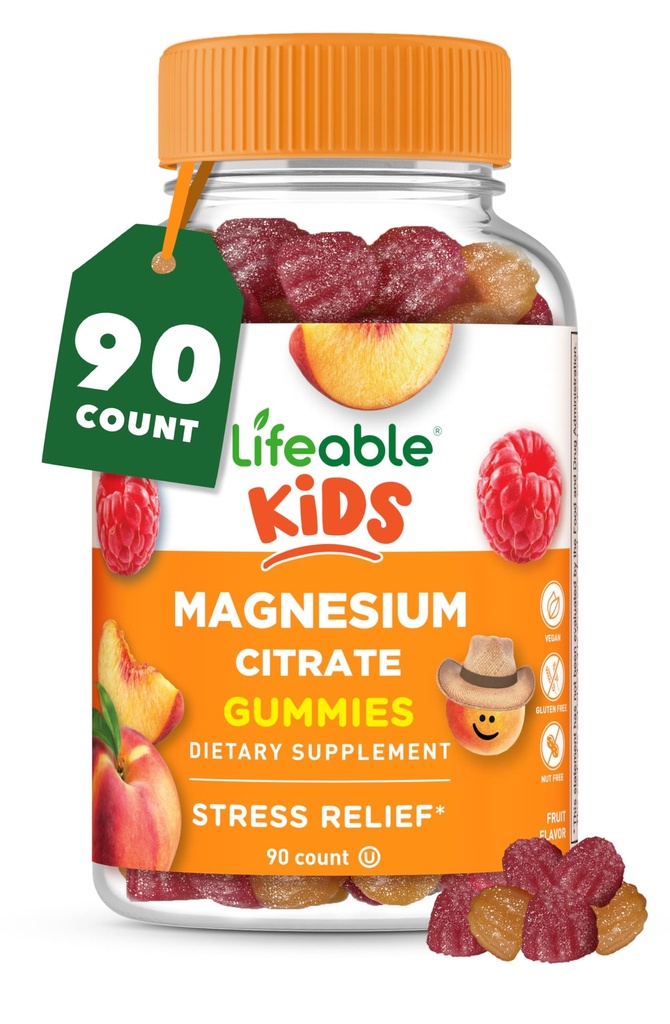 Çocuklar için Yaşamlanabilir Magnezyum Gummies | 170 mg Elemental Magnezyum 1.420 mg Magnezyum Citrate | Great Tasting Kids Supplement | Muscle Support and Stress Relief Chewable | 90 Gummies