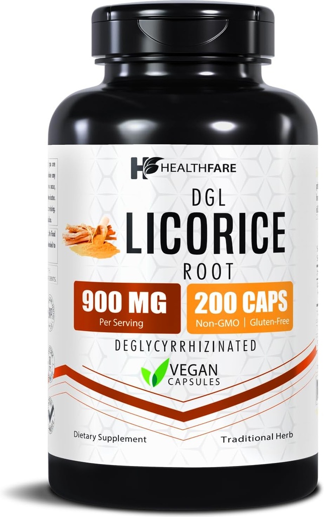 Healthfare Licorice Root Extract 900 mg | 200 Vegan Capsules DGL Supplement | Ekstra Güçlü Herbal Formula | Non-GMO, Gluten-Free | Made in USA