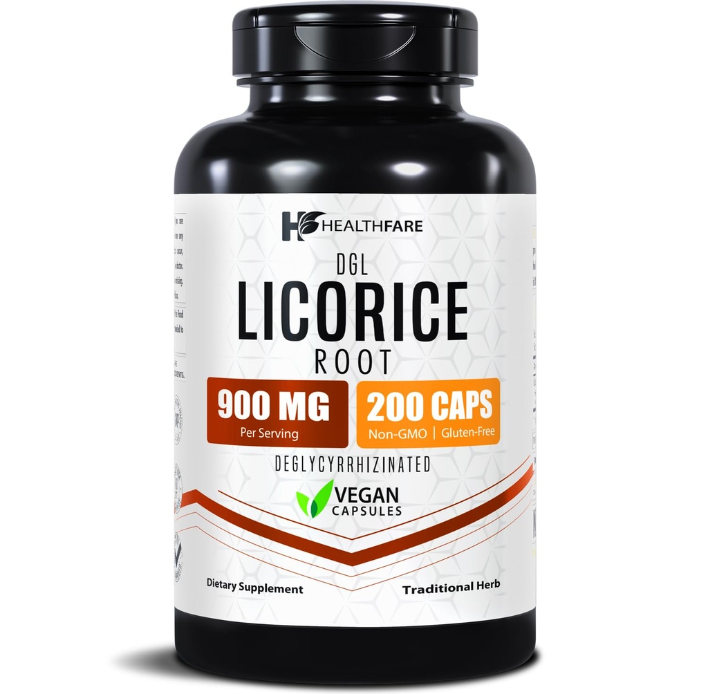 Healthfare Licorice Root Extract 900 mg | 200 Vegan Capsules DGL Supplement | Ekstra Güçlü Herbal Formula | Non-GMO, Gluten-Free | Made in USA