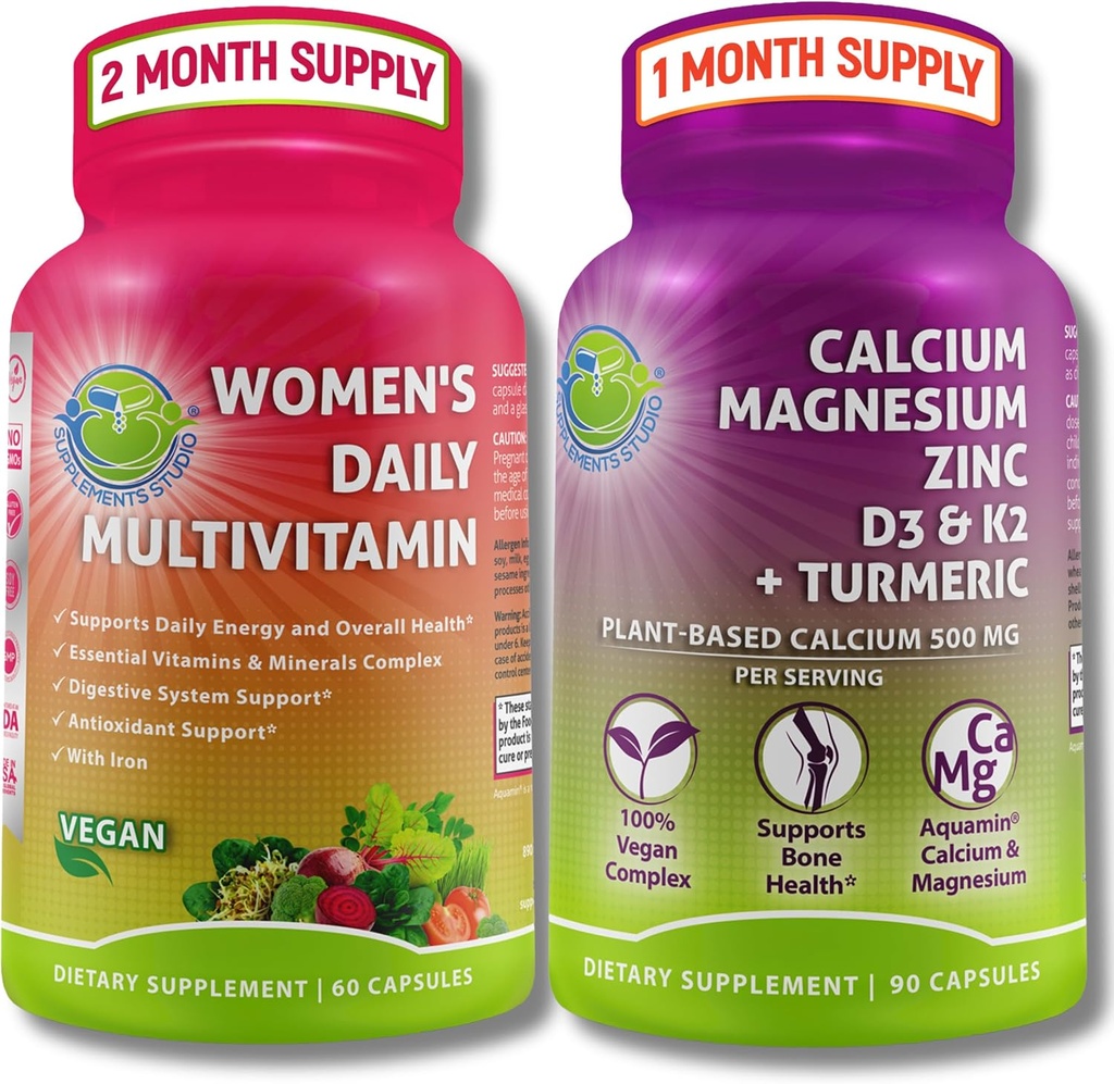 SUPPLEMENTSs Comprehensive Wellness & Bone Health Sche - Women's Daily Multivitamin with Iron + Plant-Baseduba, Magnezyum, çinko, D3, K2 & Turmeric - Vegan, Non-GMO, Clean Materialss