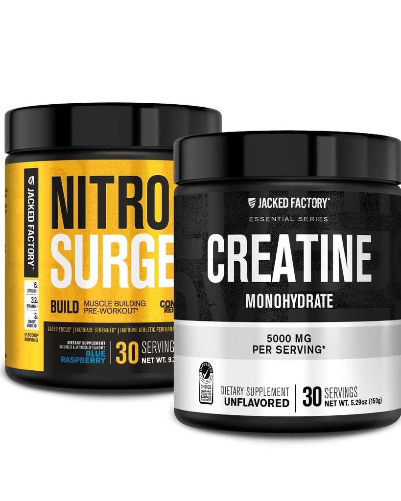 Jacked Factory Nitrosurge Pre Workout with atine for Muscle Building (30 Servisler, Blue Raspberry) ve Kas Büyüme ve Kurtarma için Monohidrat Tozu (30 Hizmetsiz)