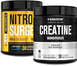 Jacked Factory Nitrosurge Pre Workout with atine for Muscle Building (30 Servisler, Blue Raspberry) ve Kas Büyüme ve Kurtarma için Monohidrat Tozu (30 Hizmetsiz)