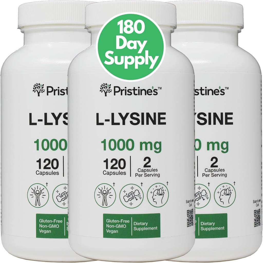 L L Lysine του PRISTINE 1000mg (3 Pack) Lip & Gum Health Essential Amino Acid Immunity Supplement Capsules -180 Day Supply Muscle & Tissue Support - Collagen Production - Vegan Gluten Free Non GMO
