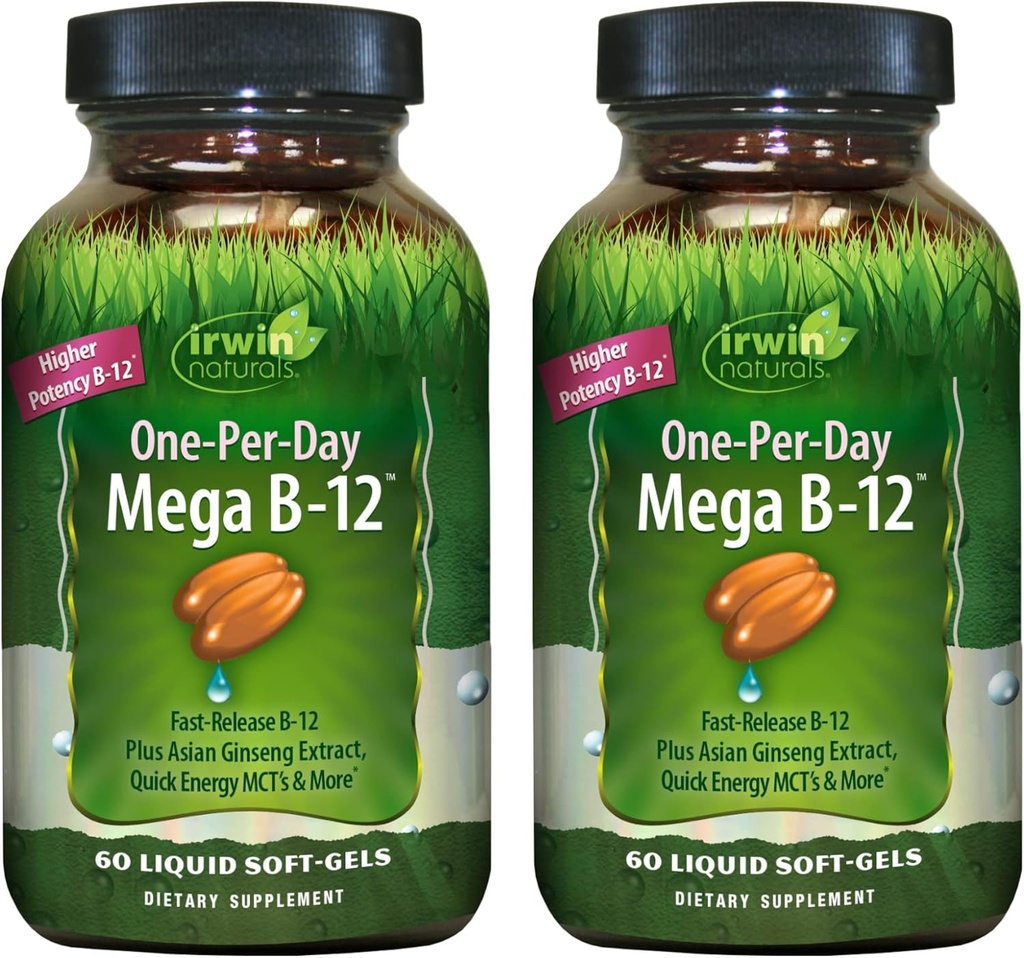 Irwin Naturals One-Per-Day Mega B-12 1.500mcg Υψηλής Ικανότητας Βιταμίνη μεθυλοκοβαλαμίνης - Γρήγορη Ενισχυμένη Απορρόφηση με MCT + Ασιατικό Ginseng - Φυσική Ενίσχυση Ενέργειας - 60 Υγρά Softgels (Pack of 2)