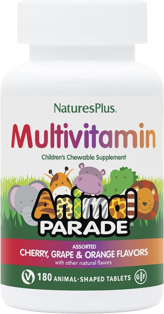 NaturesPlus Ζωική Παρέλαση Παιδική Μασώμενη Πολυβιταμίνη - 180 Ζωομορφές Δισκία, Συσκευασία των 3 - Φυσικές Ποικίλες Γεύσεις - Vegan, Χωρίς Γλουτένη - 270 Σύνολο Σερβιέτες