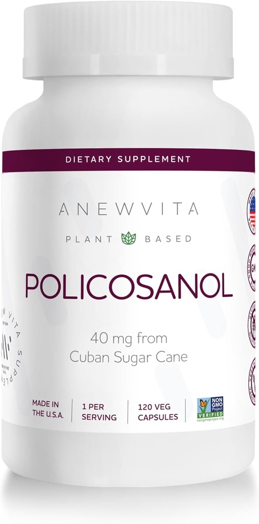 Anew Vitaㅤ Policosanol Supplement - Healthy Lipid Levels, Platelet Function & Circulation, Cuban Sourced Sugarcane, 40mg per Serving, Non-GMO, Gluten-Free - 120 Veggie Capsules, Made in USA