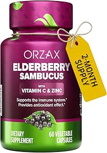 ORZAX Elderberry Capsules - Immune Support Supplement with Elderberry Vitamin C and Zinc - Antioxidants Supplement for Women and Men (60 Vegetable Capsules)