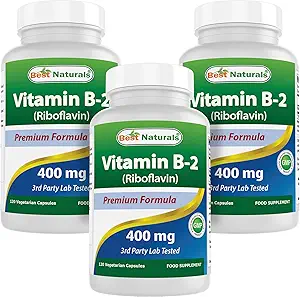 En İyi Doğal Vitamin B2 (Riboflavin) 400 mg - Migraine Relief - Veggie Capsules - Conezyme Precursor - 120 (Pazar 3)