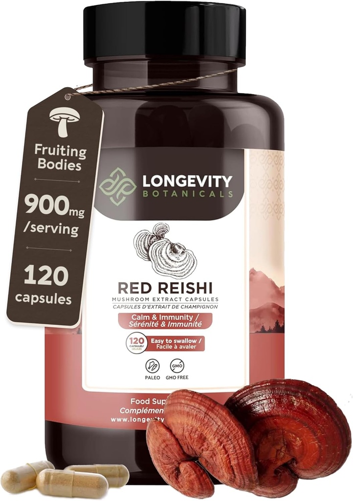 Organic Reishi Mushroom Capsules Supplement (120) | Pure Fruiting Body 10:1 High Strength Extract | 30% Beta-D Glucans | 9,000mg Raw Equivalent Per Serving | Calm, Sleep & Stress Support