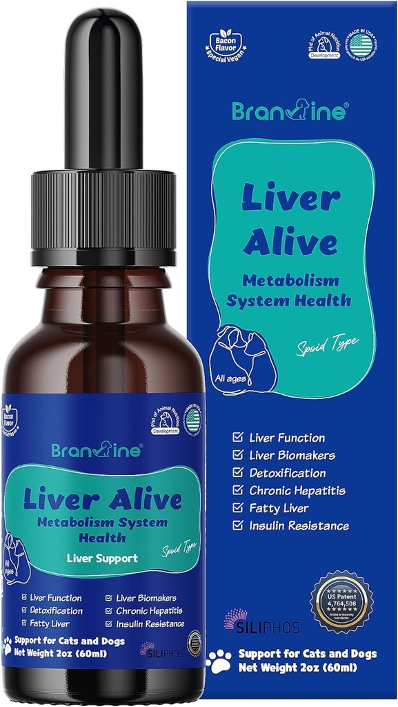 Liver Alive Metabolism System Health for Dogs and Cats - Function, Fatty, Detox, SILIPHOS®, TUDCA, Same Vegan Bacon Flavor (60 ml)