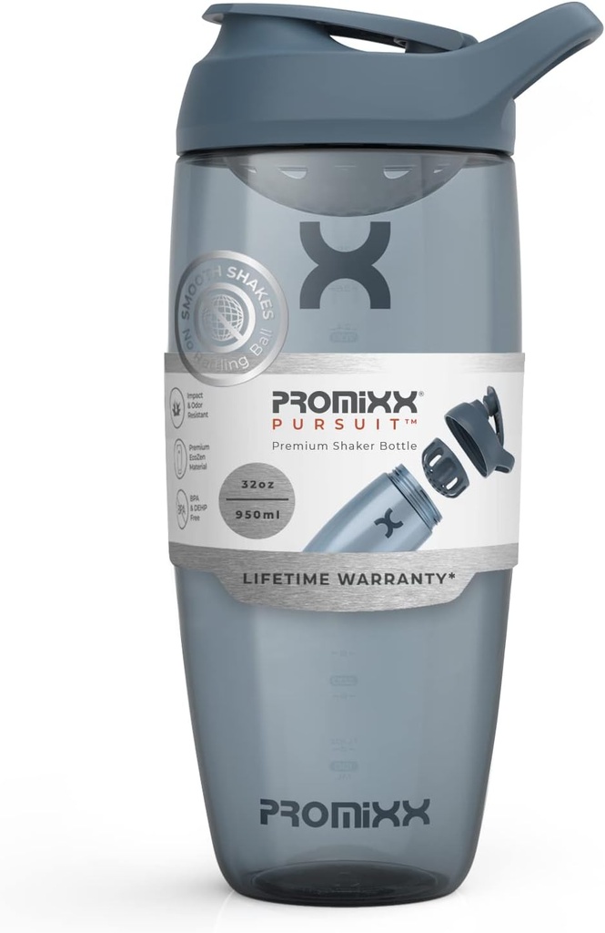 Promixx Pursuit protein Shaker Şişe (32 oz) – Silent No-Ball Mikser, Leak-Proof Lid, BPA/BPS & Phthalate-Free ECOZEN – Easy-Clean Shaker Cup for Protein Shakes, Pre & Post-Workout Smoothies