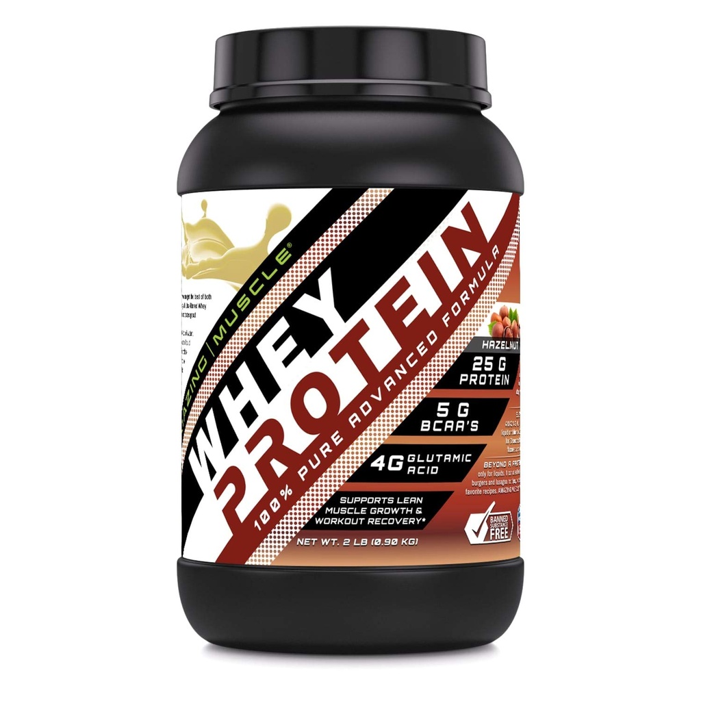 Amazing Muscle Whey Protein Isolate & Inter 25 G per Service Supplement | Hazelnut Flavor | 2 Lb (0.90 kg) | Non-GMO | Gluten-Free