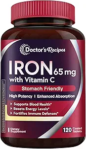 Doctor's Recipes Iron Supplement 65 mg with Vitamin C - Μεγιστοποιημένη Απορρόφηση & Στομάχι Φιλικά Χάπια σιδήρου για Red Blood Cells Σχηματισμός, καρδιά, εγκέφαλος & ανοσία Υγεία - Vegan Non-GMO 120 Iron Tabs