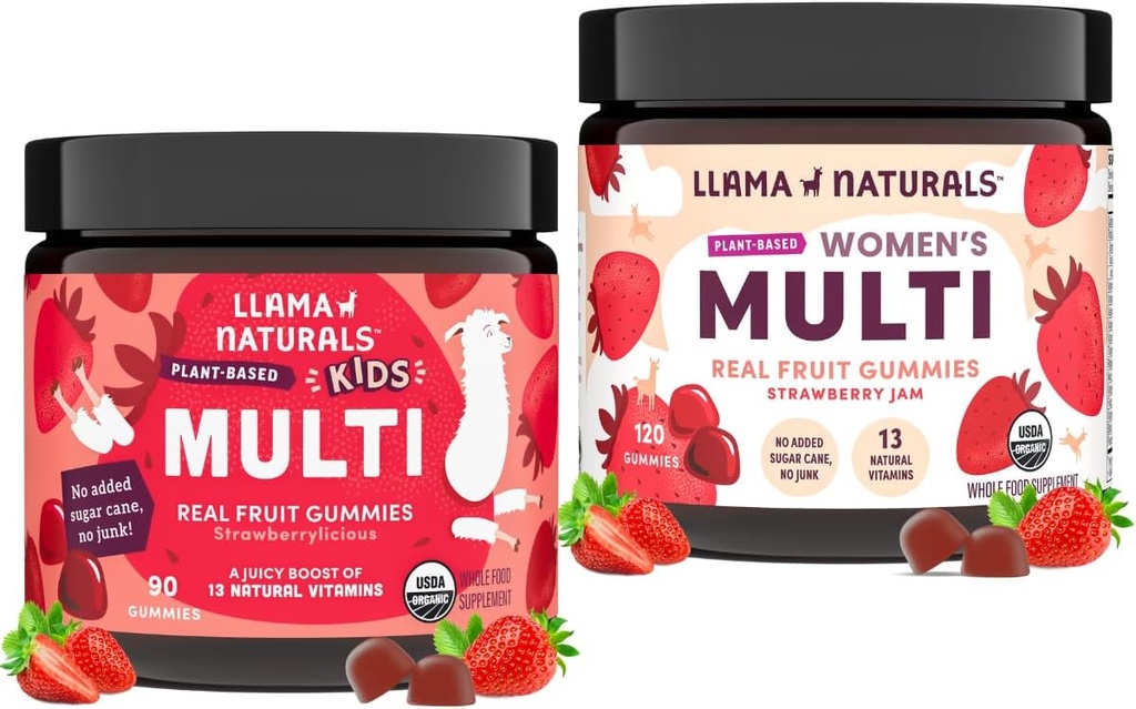 Llama Naturals Real Fruit Multivitamin Gummies | Kids & Women's Whole Food-Based Vitamins | No included Cane Sugar | Organik, Vegan, Chewable | 90 ct & 120 ct | Strawberry