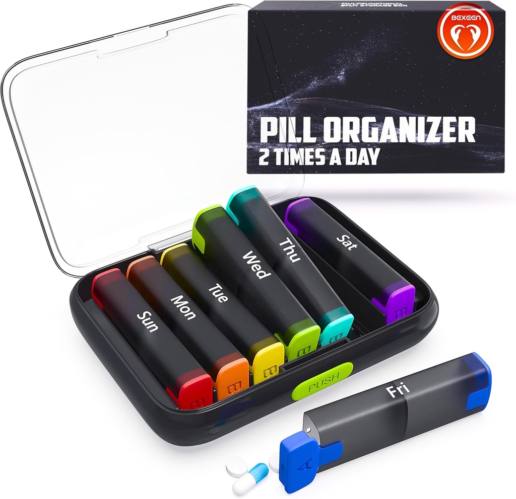 BEXEEN Haftalık Pill Organizer 2 Zaman Bir Gün - Pill Box 7 Gün Am Pm - Seyahat Tıp Organizecı İki Günlük Vitamin Sahibi Portre Kompleksi Hafta Sabah Gecesi