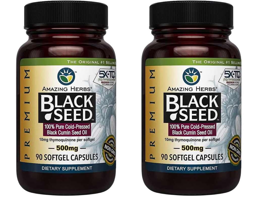 Amazing Herbs Premium Black Seed Oil Capsules - Gluten Free, Non GMO, Cold Pressed Nigella Sativa Aids in Digestive Health, Immune Support, Brain Function - 90 Count, 500 mg (Pack of 2)