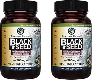 Amazing Herbs Premium Black Seed Oil Capsules - Gluten Free, Non GMO, Cold Pressed Nigella Sativa Aids in Digestive Health, Immune Support, Brain Function - 90 Count, 500mg (Pack of 2)