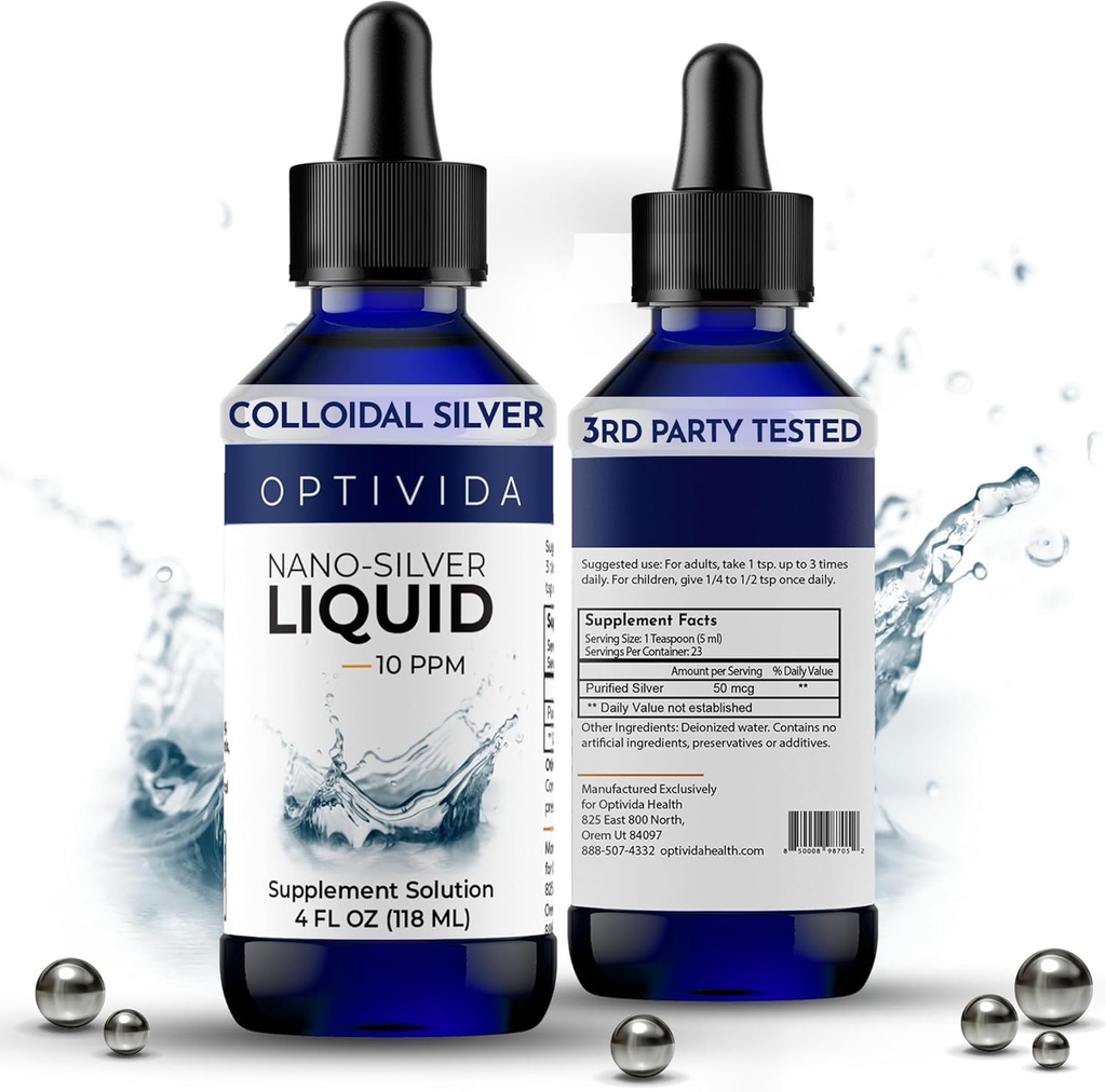 Optivida Health Colloidal Silver Liquid (4 oz) – Premium Nano Silver Colloidal Supplement for Daily Wellness & Immune Support, Natural Liquid Silver Hydrosol for Adults & Kids, Non-GMO, Gluten-free