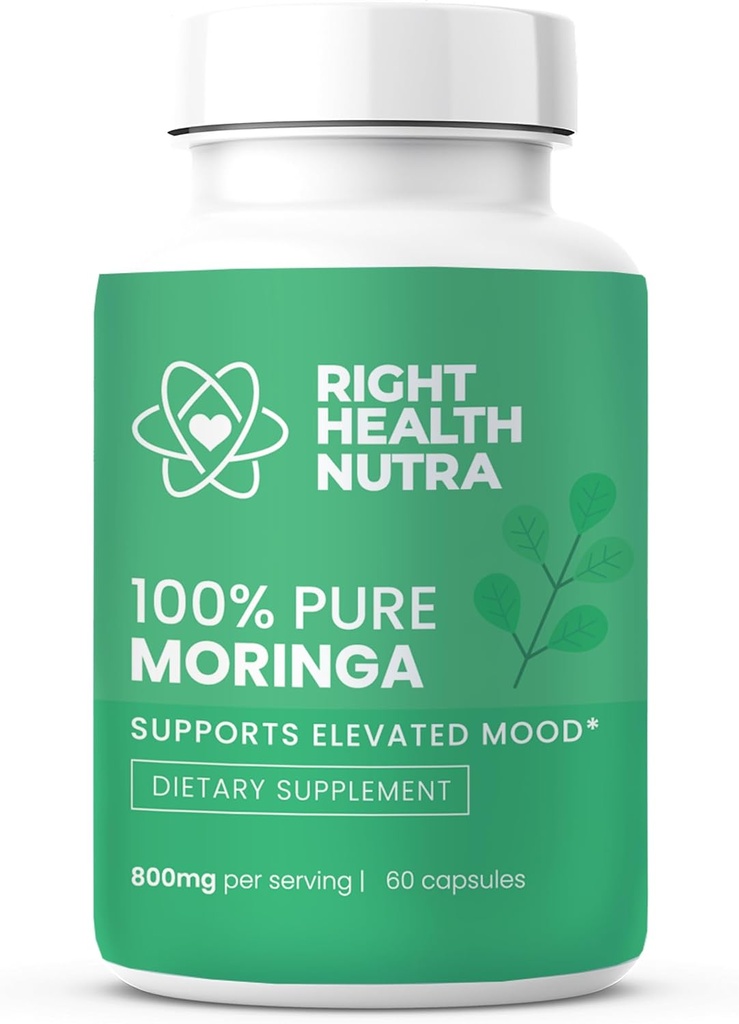 Right Health Nutra - 100% Pure Moringa 800mg - 60 κάψουλες - Συμπλήρωμα διατροφής για φωτεινότερη διάθεση, ενισχυμένη συγκέντρωση, και ενισχυμένη μνήμη - με βιταμίνες, ορυκτά, και Nourishing θρεπτικά συστατικά