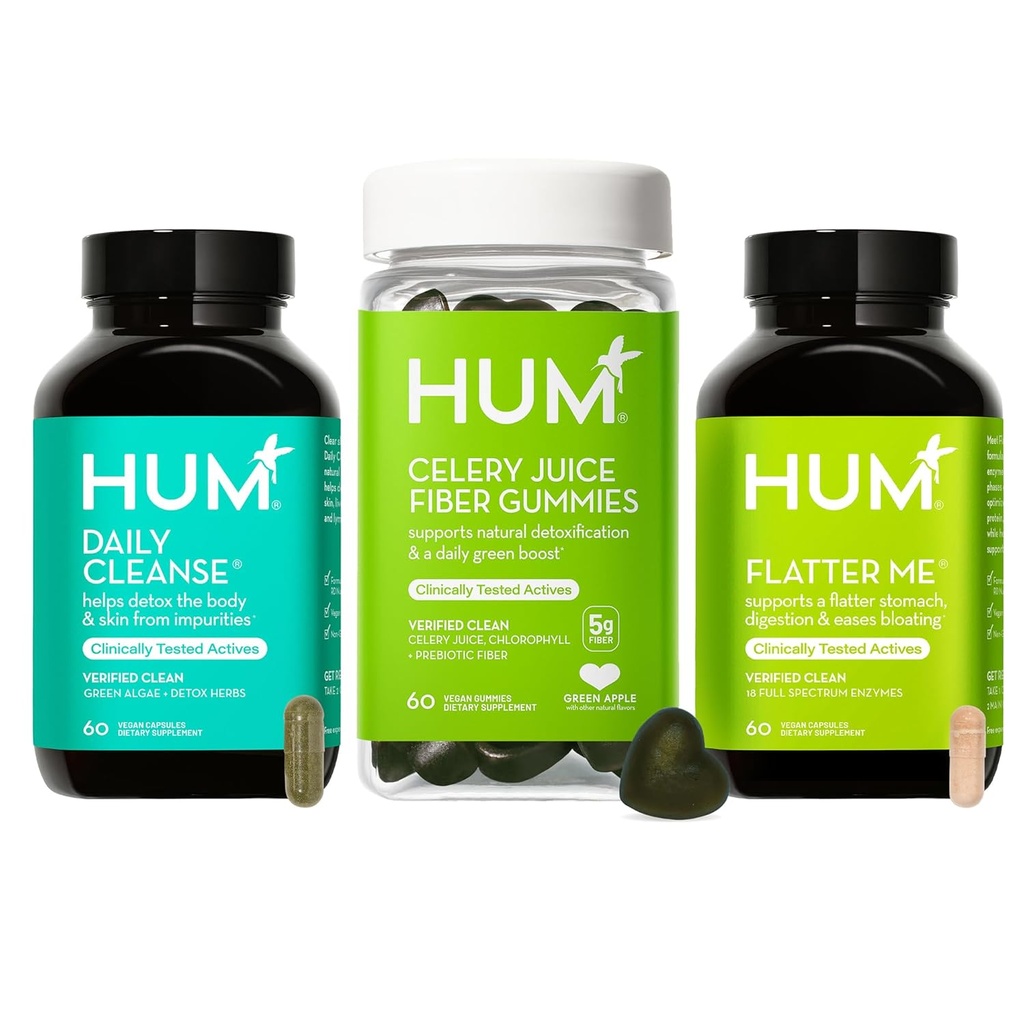 HUM Green Detox Sche with Flatter Me Digestive Enzymes, Daily Cleanse Acne Supplement, and Celery Juice Fiber Gummies with Chlorophyll, 3-Step Wellness Set, Supports Digestive & Gut Health