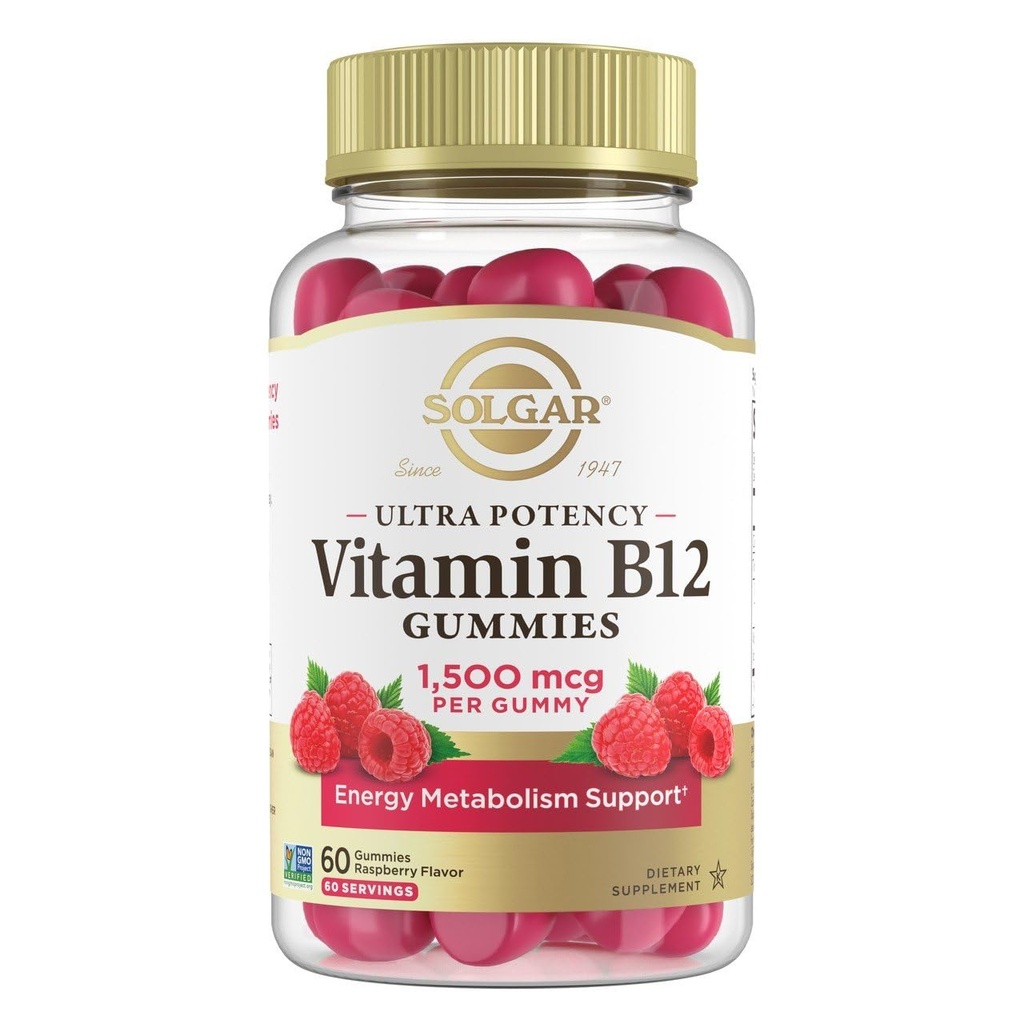 Solgar Meygar B12 Yetişkinler için 506 Ultra Potency Vitamin for Energy & Metabolism Support, Raspberry Flavor, Vegan & Gluten-Free Gummy for Women & Men, 2 Ay Supply, 60 Hizmet, 2g Sugar