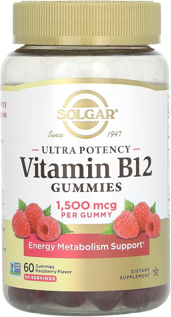 Solgar Meygar B12 Yetişkinler için 506 Ultra Potency Vitamin for Energy & Metabolism Support, Raspberry Flavor, Vegan & Gluten-Free Gummy for Women & Men, 2 Ay Supply, 60 Hizmet, 2g Sugar