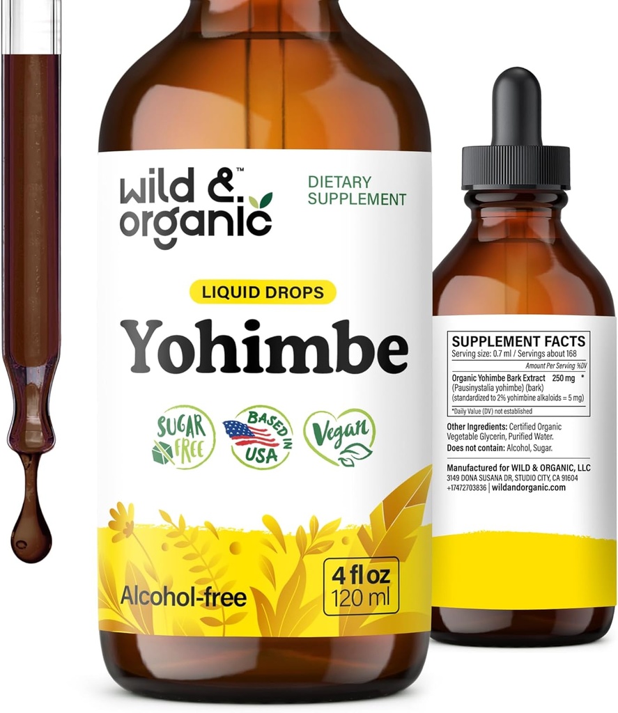 Wild & Organic Yohimbe Supplements for Men & Women - 5 mg Yohimbine Extract Tincture - Alkol Özgür Yohimbe Bark Drops - Vegan, Non-GMO & Sugar-Free - 4 fl ozz