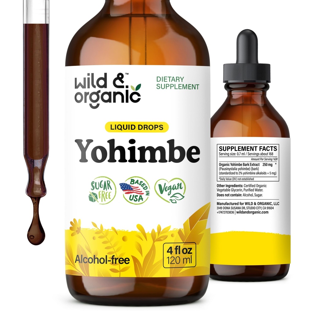 Wild & Organic Yohimbe Supplements for Men & Women - 5 mg Yohimbine Extract Tincture - Alkol Özgür Yohimbe Bark Drops - Vegan, Non-GMO & Sugar-Free - 4 fl ozz
