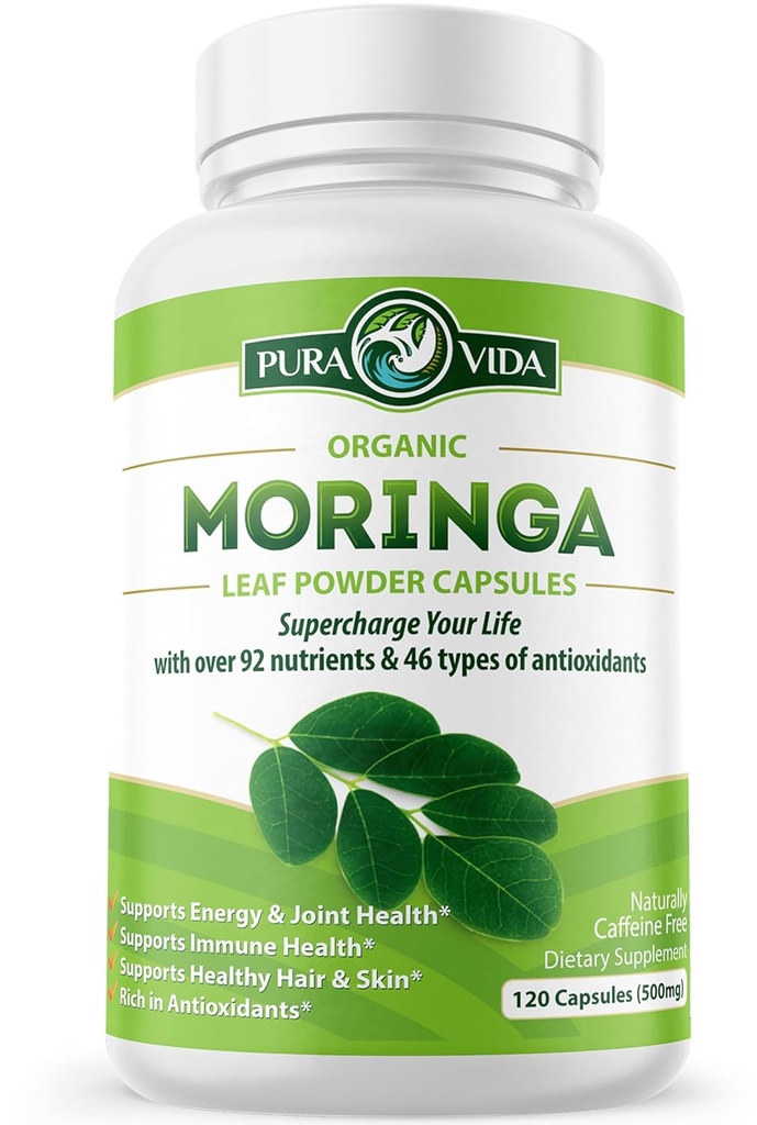 PURA VIDA MORINGA Capsules Single Origin Moringa Toz Organik. Pure Moringa Leaf. Energy, Metabolism, & Immune Support. 120ct. 500 mg Caps.