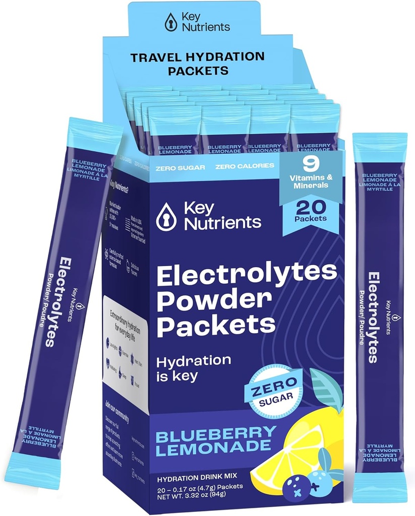 KEY NUTRIENTS Multivitamin Elektrolytes Toz Paketleri - Lezzet Blueberry Lemonade 20 Pack Hydration Packets - Travel Hydration Toz - No Sugar, No Calories, Gluten Free - Made in USA
