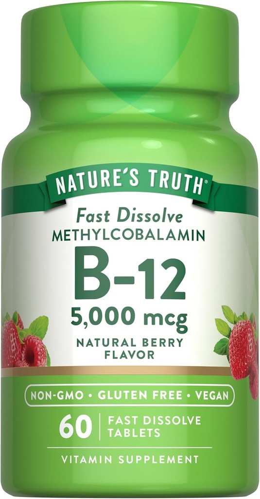 Nature's Truth B12 Vitamin 5000 mcg | 60 Tabletler | Hızlı Dissolve Natural Berry Flavor | Vegan, Non-GMO & Gluten Free Supplement Supplement Supplement