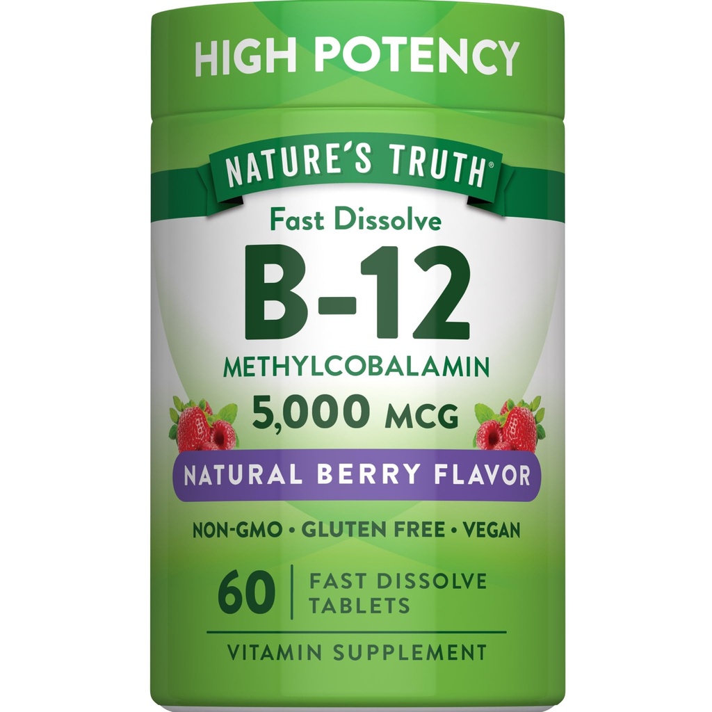 Nature's Truth B12 Vitamin 5000 mcg | 60 Tabletler | Hızlı Dissolve Natural Berry Flavor | Vegan, Non-GMO & Gluten Free Supplement Supplement Supplement
