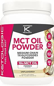 Ketologic MCT Oil Toz Unflavored (1 LB) – Keto Coffee Creamer & Enerji Desteği – 41 Orta Zincir Triglycerides for Focus & Yakıt