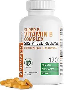 Bronson Super B Vitamin B Kompleks Sustained Slow release (Vitamin B1, B2, B3, B6, B9 - Folic Acid, B12) Tüm B Vitaminleri 120 Tabletler