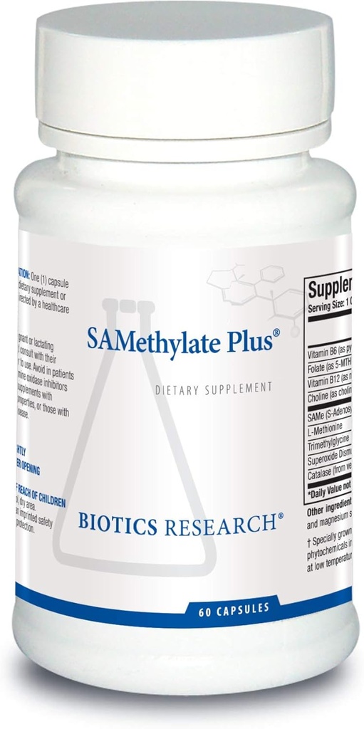 Βιοτική έρευνα SAMethylate Plus, Mood and Sleep Support, Brain Health, Antioxidant, Folate as 5MTHF, Vitamin B12 Methylcobalamin, L Μεθειονίνη, Choline Bitartrate, Trimethylglycine 60 Κάψουλες