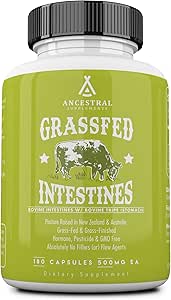Ancestral Supplements Grass Fed Beef Intestines with Stomach (Tripe), 3000 mg, Digestion Supplement Supports Acid Reflux and Gut, Intestine and Digestive Health, Non GMO, 180 Capsules