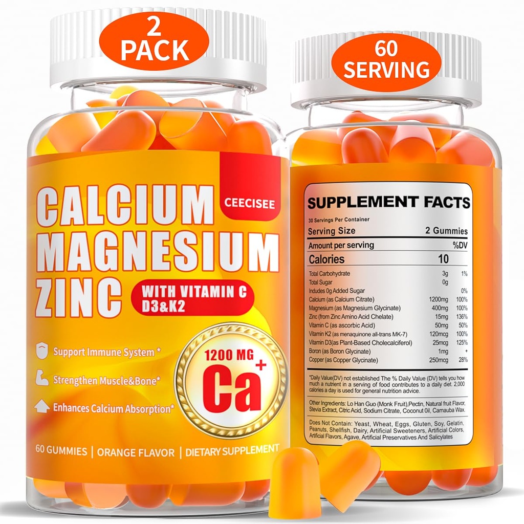 Ασβέστιο Μαγνήσιο Gummies για γυναίκες Άνδρες: 1200mg Ασβέστιο Κιτρικός ψευδάργυρος Gummy με βιταμίνη C D3 K2 - Vegan Ζάχαρη Δωρεάν Μασώμενη Υψηλή Απορρόφηση Συμπλήρωμα Ανοσολογικής Υποστήριξης υψηλής απορρόφησης (120Count)