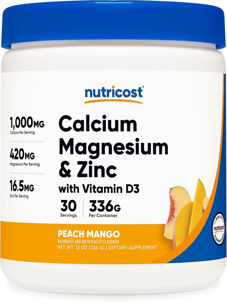 Nutricost Ασβέστιο Μαγνήσιο Ψευδάργυρος Κιτρίζει με βιταμίνη D3 σκόνη, 30 σερβιρίσματα (Peach Mango Γεύση)